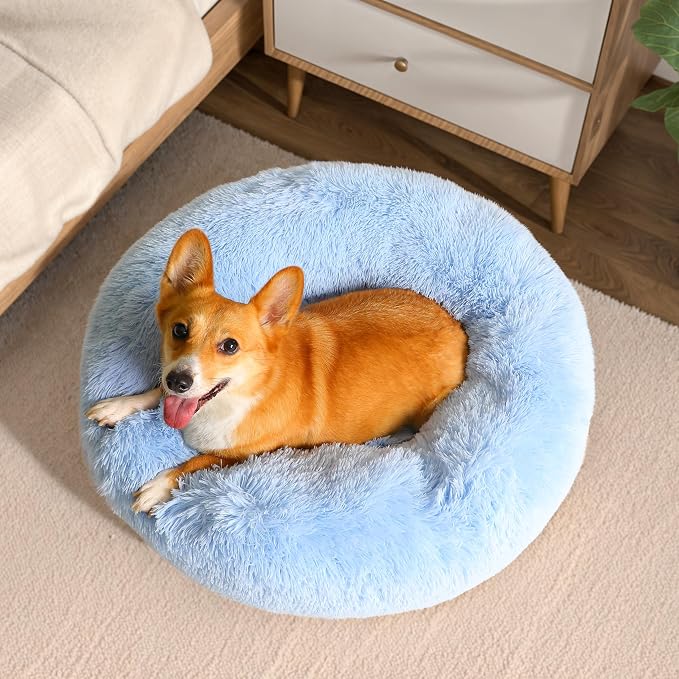 Western Home Calming Donut Medium Dog Bed Washable Pet Bed,30" Light Blue | Fluffy Faux Fur Round Cuddler,Anti-Anxiety,Anti-Slip Bottom,Plush Pet Dog Beds for Medium Sized Dogs,Up to 45 LBS