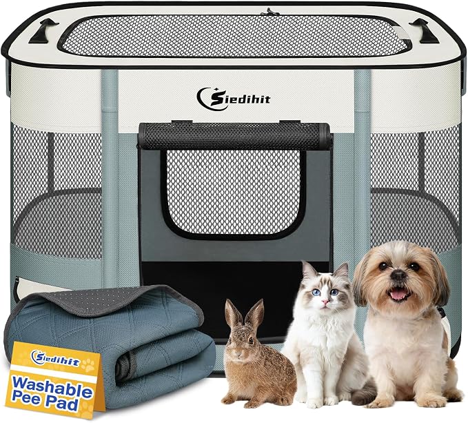 Siedihit Dog Playpen, Cat Pet Puppy Crate, Portable Playpens Indoor Outdoor (Grey with Pad, Small)