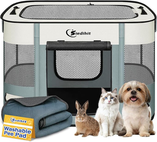 Siedihit Dog Playpen, Cat Pet Puppy Crate, Portable Playpens Indoor Outdoor (Grey with Pad, Small)