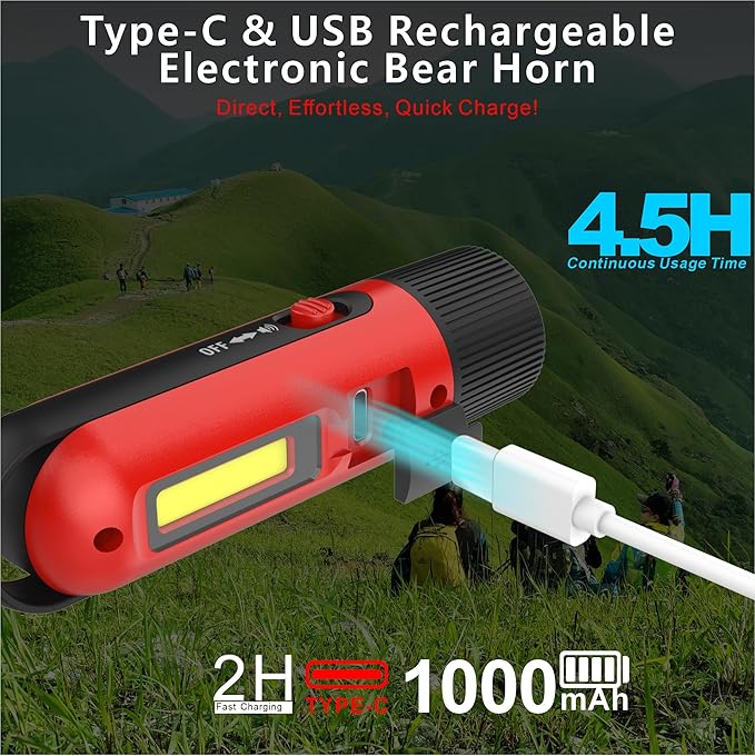 125dB Rechargeable Bear Horn,IPX4 Waterproof & LED Flashlight Bear Deterrent Device for Hiking, Camping, Outdoor Survival,Red