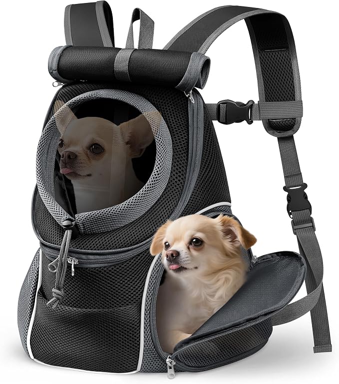YUDODO Dog Front Carrier Backpack, Top & Side Windows Dog Backpack | Sunshade Hood, Ventilated, Safety Belt, Breathable, Lightweight, Reflective Strip, Pocket Storage, Adjustable, Black Pro, M