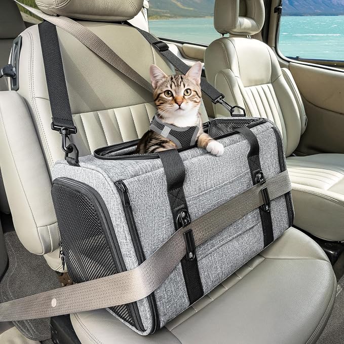 PETSFIT Cat Carrier Soft with Patented Safety Buckles,Safe for Car Travel | Lockable Zippers, Safety Tether, Escape-Resistant Pet Carrier for Vet Visits, Airline Approved Under-Seat, Up to 12 lbs