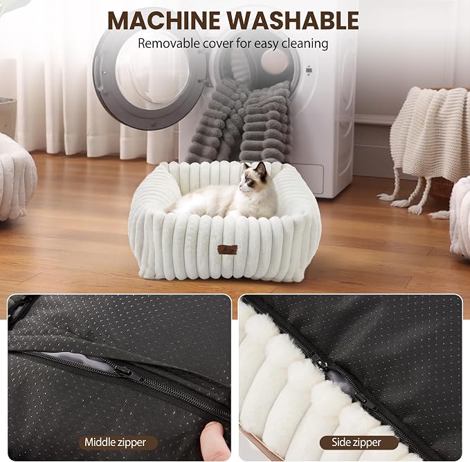 Cute Dog Bed for Small Dogs & Cats,Washable Fluffy Cat Beds for Indoor Cats, Rectangle Orthopedic Memory Foam Puppy Beds with Anti-Slip Bottom, 20 x19 x 7 Inches, Cream(20x19x6inchs)