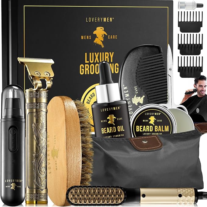 Grooming Beard Kit, Fathers Day Gift Ideas for Husband, Dad Gifts for Fathers Day, Beard Trimmer, Nose Hair Trimmer, Hair Straightener Brush, Oil, Balm & More, 15pc Men Care Kit, Gifts for Men.