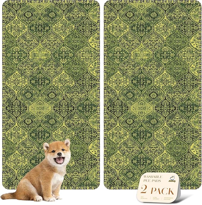 nunubaby Washable Pee Pads for Dogs, Stylish, Non-Slip and Leak-Proof Pee Pads. Reusable Potty Pads for Dogs for Crates and Floors.(Green/Multi,24" x48" )