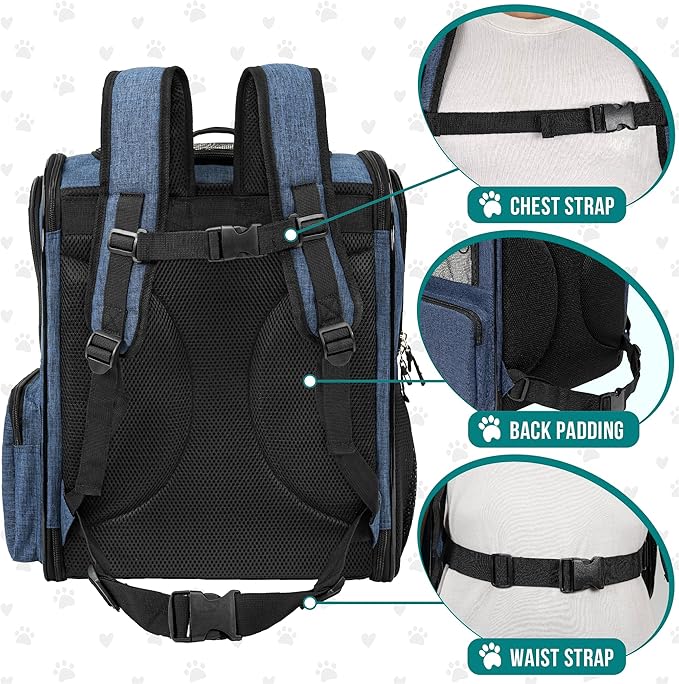 PetAmi Dog Backpack Carrier for Cats, 4-Way Entry Ventilated, 18 lbs, Blue | Sherpa Bed Included, Foldable Load-In Top, Safety Reflective Strap, Breathable Mesh, Poop Bag Dispenser, Padded Back Support