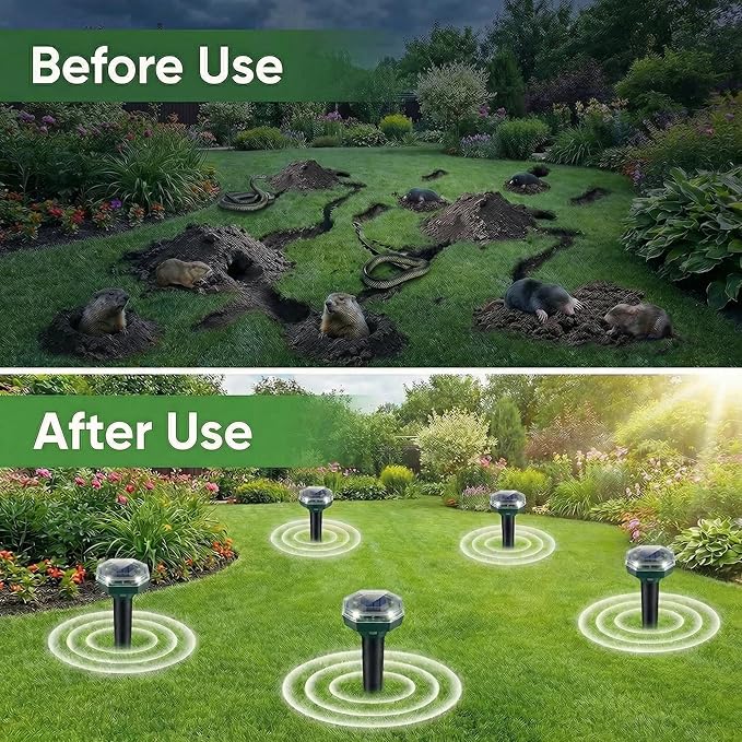 Mole Repellent Solar Powered, 4 Pack Ultrasonic Gopher Repeller, Waterproof Outdoor Pest Repellent for Moles, Gophers, Voles, Skunks in Yard, Lawn, and Garden