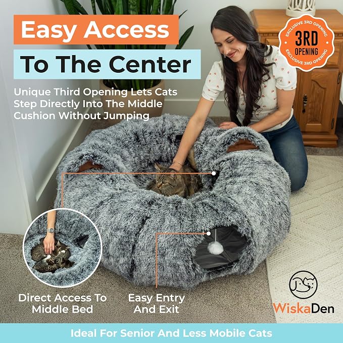 WiskaDen XL Plush Cat Tunnel Bed with Toy and Elderly Feline Access. 3-in-1 Dark Grey Fluffy Donut Cushion with Ears. Circle Tube for Indoor Cats Leisure, Hiding Spot, Dog Bed, or Rabbit Cave