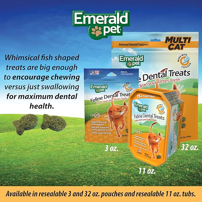 Emerald Pet Feline Dental Treats — Tasty and Crunchy Cat Treats Grain Free — Natural Dental to Clean Teeth, Freshen Breath, and Reduce Plaque and Tartar Buildup — Chicken, 32 oz