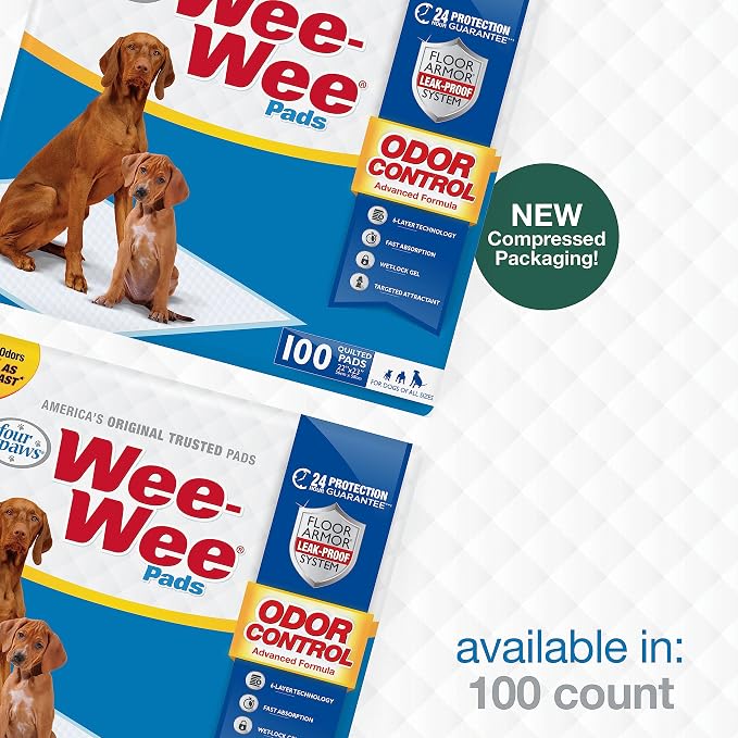 Four Paws Wee-Wee Advanced Formula Odor Control Dog Pee Pads, 100 Count | Neutralizes ammonia odors, pee pads for dogs & puppies, dog housebreaking, new puppy supplies, 22" x 23"