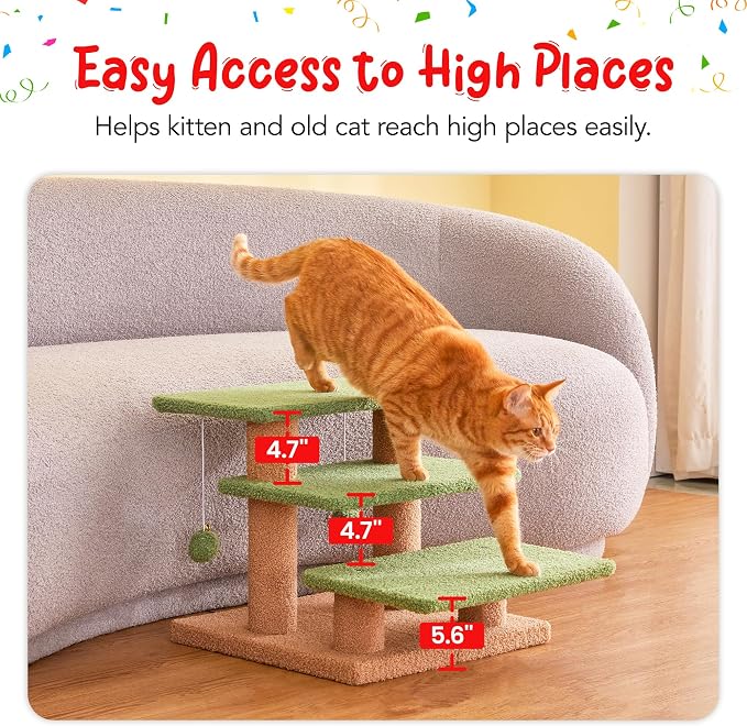15''H Green Multi-Step Pet Stairs for High Beds & Sofas, 3-Step Cat Stairs with 2 Toy Balls, Wide Boards for Indoor Kittens Dogs Pets Climbing