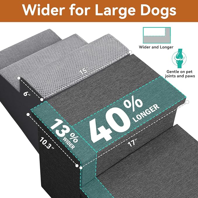 Zerbuger Dog Stairs with Storage, Dark Grey 3 Steps Dog Ramp no Condo | 18" H Wider Dog Steps for High Beds Couch, Folding Storage Pet Stairs Gift for Climbing Small/Medium/Large Old Dogs Cats
