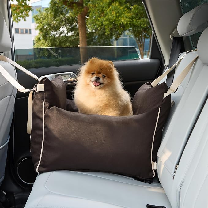 Lesure Dog Car Seat for Small Dogs,Booster Car Bed for Puppy Under 25lbs | Soft Pet Carseat with Clip-On Safety Leash and Thickened Memory Foam Filling,Dog Travel Carrier Bed with Storage Pocket,Brown