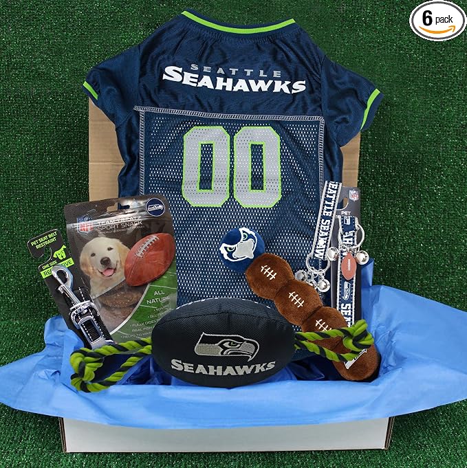 NFL Seattle Seahawks PET GIFT BOX with 2 Licensed DOG TOYS, 1 Logo-engraved NATURAL DOG TREAT, 1 NFL JERSEY, 1 NFL Puppy Training Bells & 1 Car Seatbelt