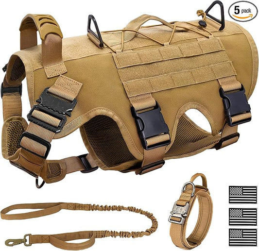 Tactical Dog Harness for Large Dog, Dog Collar and Bungee Leash Set No-Pull Military Dog Harness - Walking Training Gear for Large Dogs, Adjustable for Medium,Chest 21.5"-45", Khaki