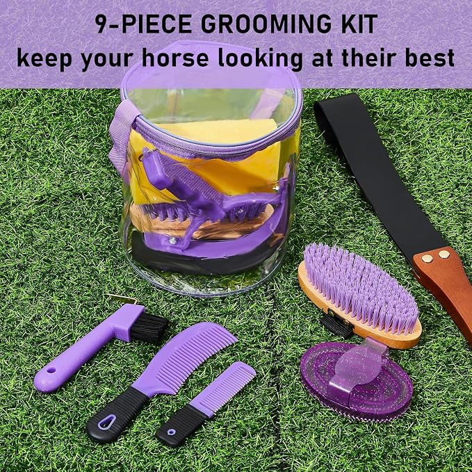 Cunhill 9 Pcs Horse Grooming Kit with Bag Curry Brushes,Cute,Purple | Complete Grooming Set for Horses, Hard Soft Brushes, Hoof Pick, Sweat Scraper, Sponge, Comb, Portable Tote for Stable