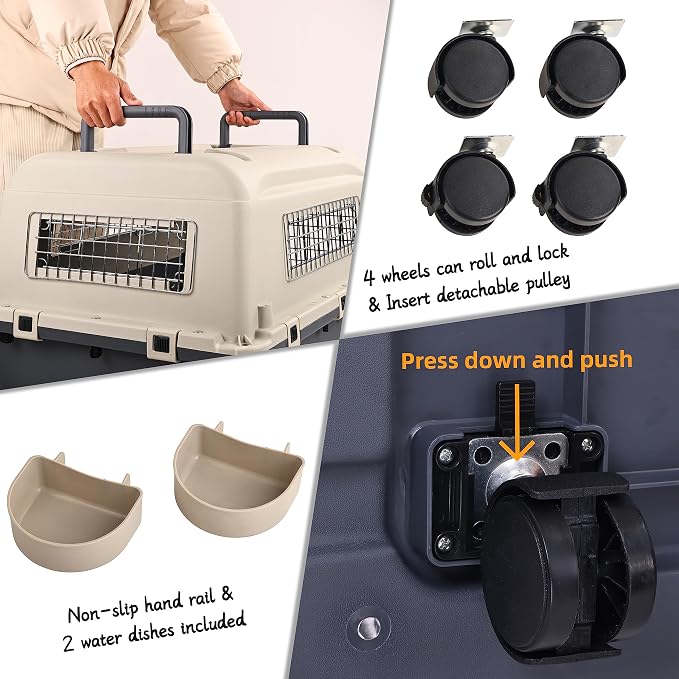 Elevon Plastic Kennels Pet Carrier Rolling Plastic Airline Approved Wire Door Travel Dog Crate, Large (30.7" L x 21.3" W x 22.8" H)