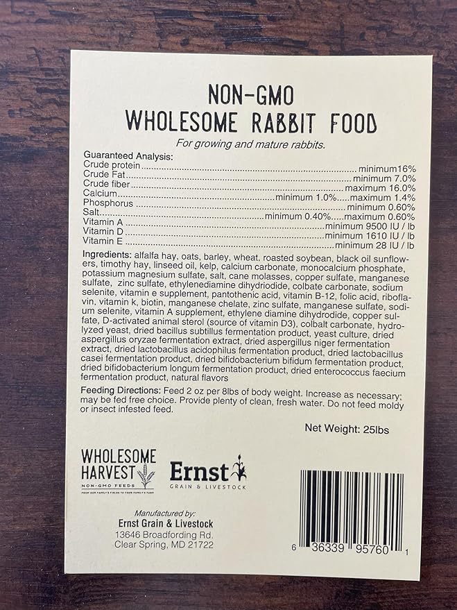 Non-GMO Rabbit Food - 25 lbs, 16% Protein, 1.4% Calcium, Rabbit Feed with Alfalfa Hay, Supports Healthy Digestion, Promotes Strong Bones and Suitable for All Life Stages