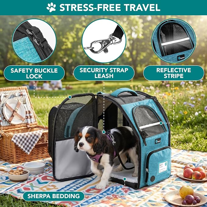 PetAmi Expandable Dog Backpack Carrier for Cats & Pets, Breathable Cat Carrier Backpack with Top Window & Multi-Entry, Ventilated Foldable Travel Carrier for Small Medium Pets up to 18 lbs, Teal Blue