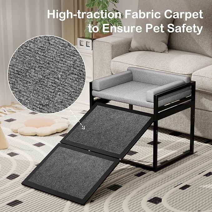 Non Slip Dog Ramp with Seat Extra Wide Seat Doggie Mate Stairs Grey | Metal Frame Puppy Chair for High Bed Couch Office,Dachshunds Ladder,Washable Cushion Pet Step for Small Old Pets,Cat Ladder