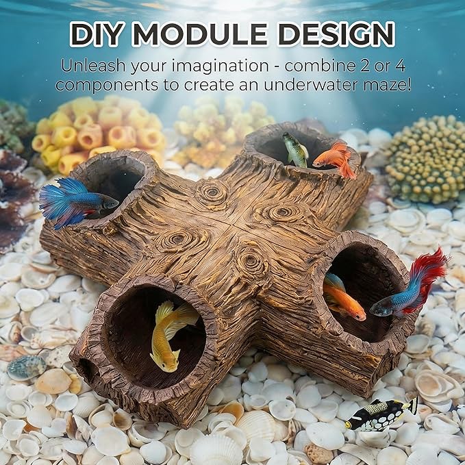 Aquarium Cave - Natural Resin Wood-Like Fish Tank Decorations & Accessories, 5.1" x 2" x 2.7" Safe Betta Hide & Tunnel for Guppy, Neon Tetra, Corydoras Catfish - Stackable Corner Ornament