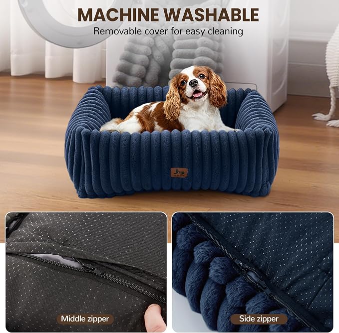 Washable Dog Bed Small Medium Size Dog, Rectangle Orthopedic Pet Bed for Car and Indoor,Fluffy Memory Foam Dog Beds with Anti-Slip Bottom,25 x21 x8 Inches,Navy