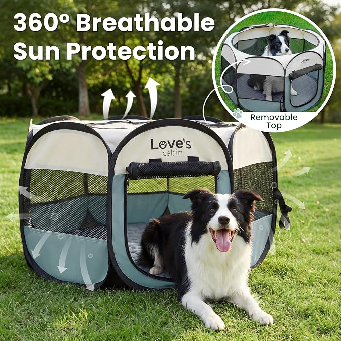 Love's cabin Dog Playpen with Washable Pee Pad, Puppy Pet Cat Playpen Small Dogs Tent Crate Indoor/Outdoor, Portable Pop Up Kennel with Carrying Case for Cats/Rabbits(Moss Green,Small with pad)