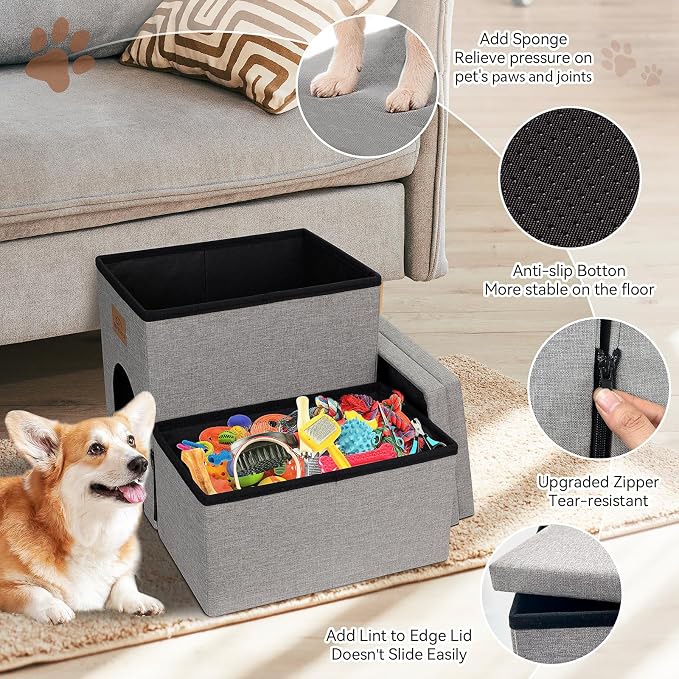 Zerbuger Dog Stairs with Storage, Grey 2 Steps Dog Ramp with Condo for Bed | 15" H Wider Dog Steps for Beds Couch, Folding Storage Pet Stairs Gift for Climbing Small/Medium/Large Old Dogs Cats