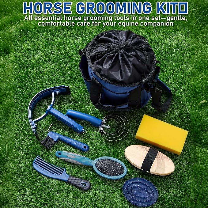 Cunhill 9 Pcs Horse Grooming Kit Tack Room Supplies Set with Tote Bag, Oval Massage Curry, Hard and Soft Brush, Hoof Pick, Sweat Scraper, Bathing Sponge, Comb for Horse Rider(Classic,Dark Blue)