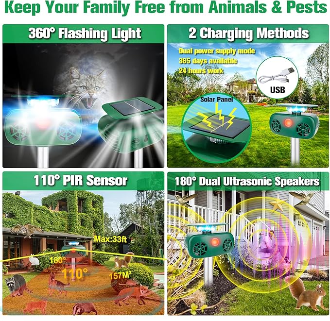 Ultrasonic Animal Repeller Outdoor,Cat Repellent Outdoor,Deer Repellent Devices with Motion Sensor & Flashing Light,Solar Powered Ultrasonic Dog Repeller for Repelling Cats,Deer,Squirrels,Raccoons