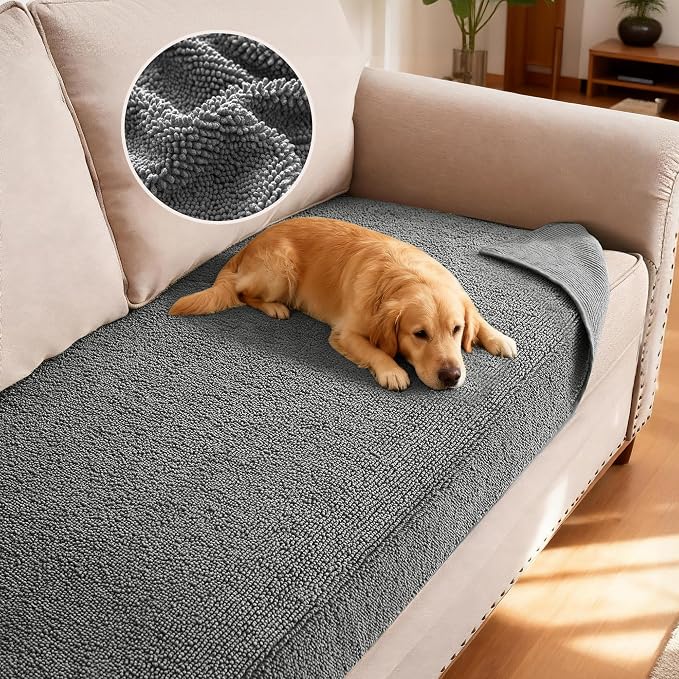 H.VERSAILTEX Non Slip Pet Couch Cover Chenille Dog Bed Protector Thick Soft Sofa Slipcover Pet Friendly Washable Couch Cushion Covers for Pets (30" x 53", Gray)