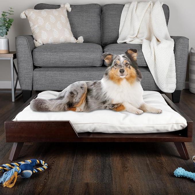 PETMAKER Indoor Elevated Dog Bed, Dark Brown, 36” x 29.5” | Medium Dog Bed with Solid Wood Frame and Soft Cushion, Mid-Century Modern Raised Pet Furniture for Medium to Large Pets