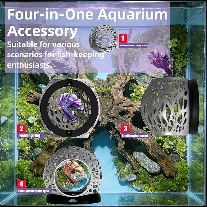 Floating Betta Hideout Cave & Shrimp Cave | Aquarium Floating Betta Skin | Shrimp Feeder | Multi-Function Resting Hideout Hammock & Small Fish Feeding Ring | Aquarium Decor Accessory(Grey)