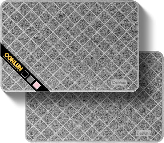 Conlun Cat Litter Mat Litter Trapping Mat, 35" x 23" Premium Durable PVC Grid Mesh with Scatter Control, Non-slip, Less Waste Cat Litter Box Mat, Grey 2 Pack
