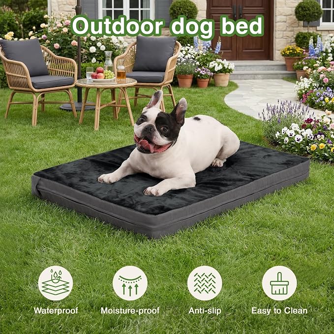 Waterproof Small Dog Bed Crate Pad 24", Washable Orthopedic Puppy Cat Mat | Outdoor Pet Bed Foam, Reversible Faux Leather & Flannel, Durable Removable Cover, Anti-Slip Kennel Pad 23"x17" Dark Gray