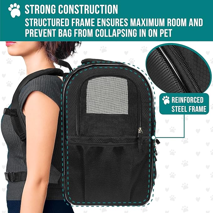 PetAmi Dog Backpack Carrier for Cats, 4-Way Entry Ventilated, 18 lbs, Black | Sherpa Bed Included, Foldable Load-In Top, Safety Reflective Strap, Breathable Mesh, Poop Bag Dispenser, Padded Back Support