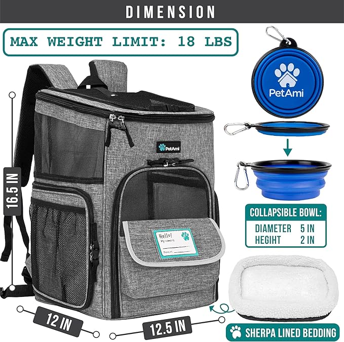 PetAmi Dog Backpack Carrier, Airline Approved 4-Way Entry Cat Backpack Carrier, Ventilated Mesh, Collapsible Pet Carrier for Small Puppy, Kitten, Hiking, Travel Car, Vet, up to 18 lbs, Heather Gray