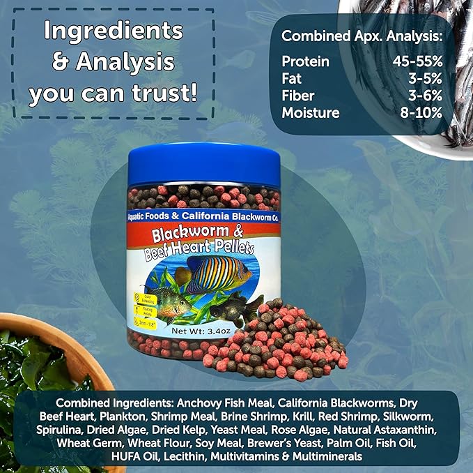 Aquatic Foods Inc. 3mm -1/18" California Blackworm & Beef Heart Floating Pellets for Marines, Cichlids, Tropical Fish, Koi & Pond Fish, 4-Type Wafer & 12-Type Pellet Mix Included 14oz Canister