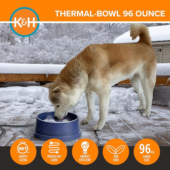 K&H Pet Products Thermal-Bowl Heated Water Bowl for Cats & Dogs Outside, Safety Listed Outdoor Heated Dog Dish for Pets, Automatic No Freeze, Anti Chew Cord - 96 Ounces Blue 25W | Outdoor Water Stays Unfrozen In Winter. Outdoor Heated Dog Dish for Pets...