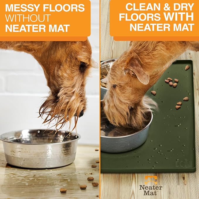 Neater Pet Brands Neater Mat Pet Mats for Food and Water, Cat & Dog Bowl Mat Waterproof Silicone, Feeding Tray, Dog Food Mats for Floors, Placemat w/Raised Edge for Under Bowls, 16” x 10”, Olive