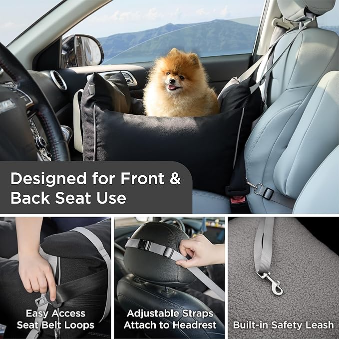 Lesure Dog Car Seat for Small Dogs,Booster Car Bed for Puppy Under 25lbs | Soft Pet Carseat with Clip-On Safety Leash and Thickened Memory Foam Filling,Dog Travel Carrier Bed with Storage Pocket,Black