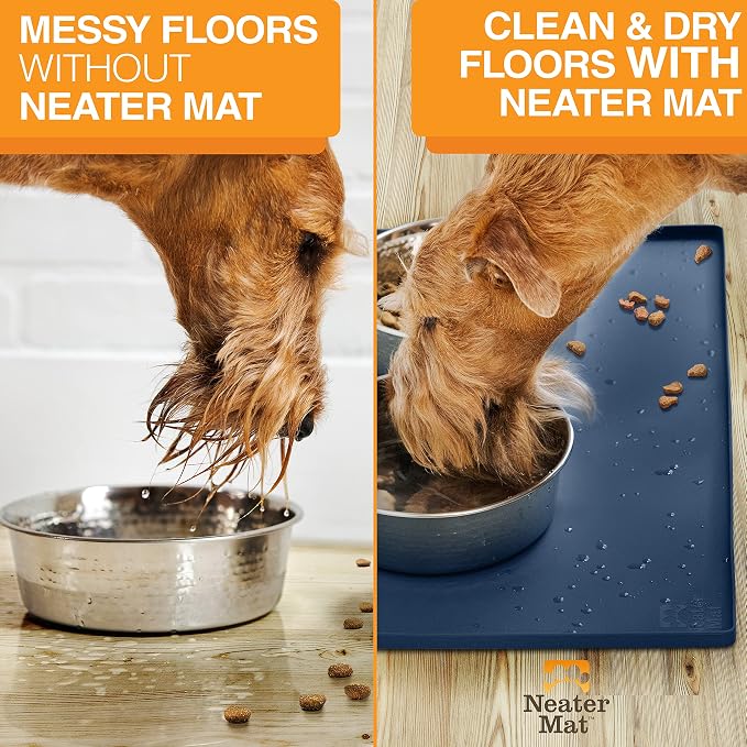 Neater Pet Brands Neater Mat Pet Mats for Food and Water, Cat & Dog Bowl Mat Waterproof Silicone, Feeding Tray, Dog Food Mats for Floors, Placemat w/Raised Edge for Under Bowls, 32" x 24", Dark Blue