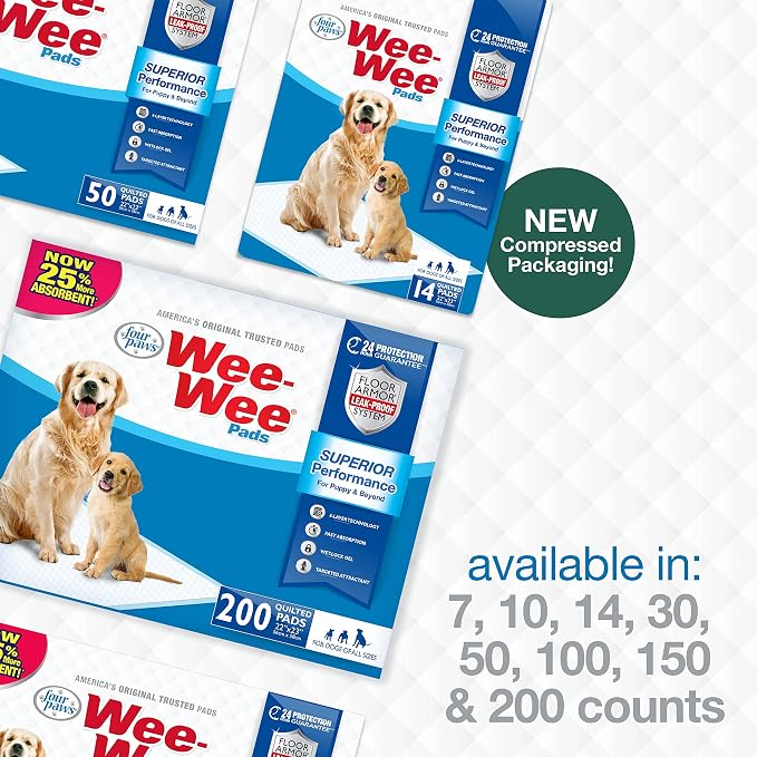 Four Paws Wee-Wee Superior Performance Unscented Puppy Pee Pads for Dogs & Puppies, Quilted Leak-Proof Dog Housebreaking Potty Training Floor Protection, Pet Supplies, 22" x 23", 30 Count | Quilted leak-proof puppy pads, dog housebreaking & potty train...