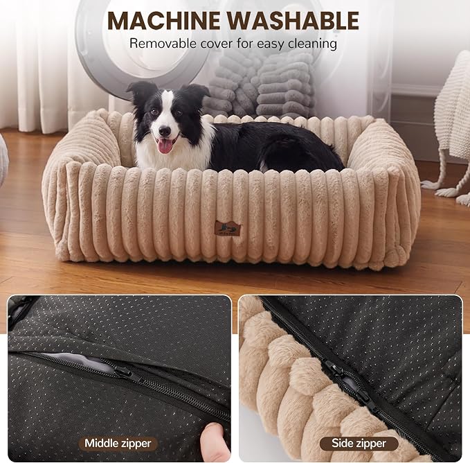 Dog Beds Large Sized Dog,Rectangle Orthopedic Pet Bed for Large Dog, Comfort Fluffy Memory Foam Dog Beds with Anti-Slip Bottom,Camel(35x25x9inchs)