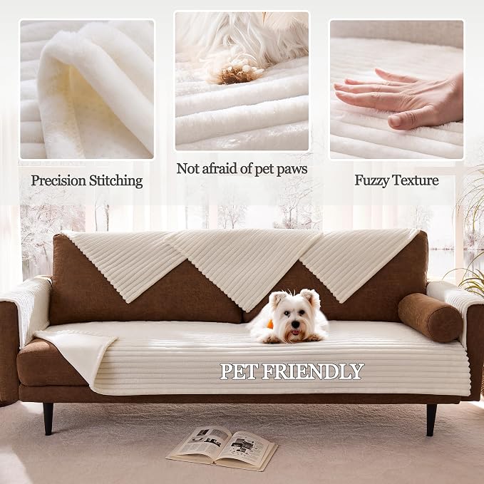 Waterproof Dual Non-Slip Couch Cover for Dogs, Fuzzy Soft Pet Couch Covers for 2 Cushion Sofa loveseat, Pet Friendly Soft Dog Bed Covers Sofa Cover Washable (White, 33" x 62" 1 Pack)