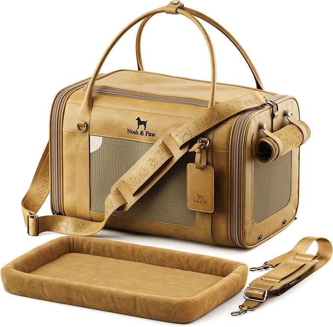 Noah & Paw Cat Carrier Soft Dog Carrier for Small Dogs, TSA Airline Approved 18x11x11in Cat Crate, Pet Travel Crate, Small Pet Kennel, Mattress Included, Camel Faux Leather