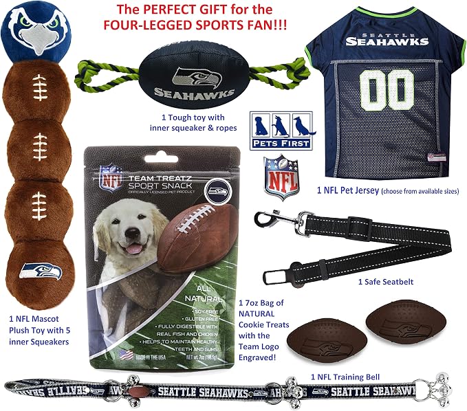 NFL Seattle Seahawks PET GIFT BOX with 2 Licensed DOG TOYS, 1 Logo-engraved NATURAL DOG TREAT, 1 NFL JERSEY, 1 NFL Puppy Training Bells & 1 Car Seatbelt