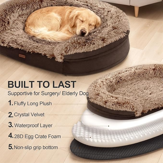 Fluffy Calming Jumbo Orthopedic Dog Beds for Extra Large Dogs, Supportive Dog Sofa Bed with 3.7 inch 28D Egg-Crate Foam, Removable Washable Plush Cover, Waterproof Lining, 48’’,Brown