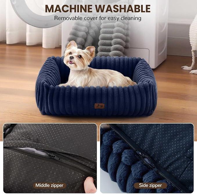 Cute Dog Bed for Small Dogs & Cats,Washable Fluffy Cat Beds for Indoor Cats, Rectangle Orthopedic Memory Foam Puppy Beds with Anti-Slip Bottom, 20 x19 x 7 Inches, Navy