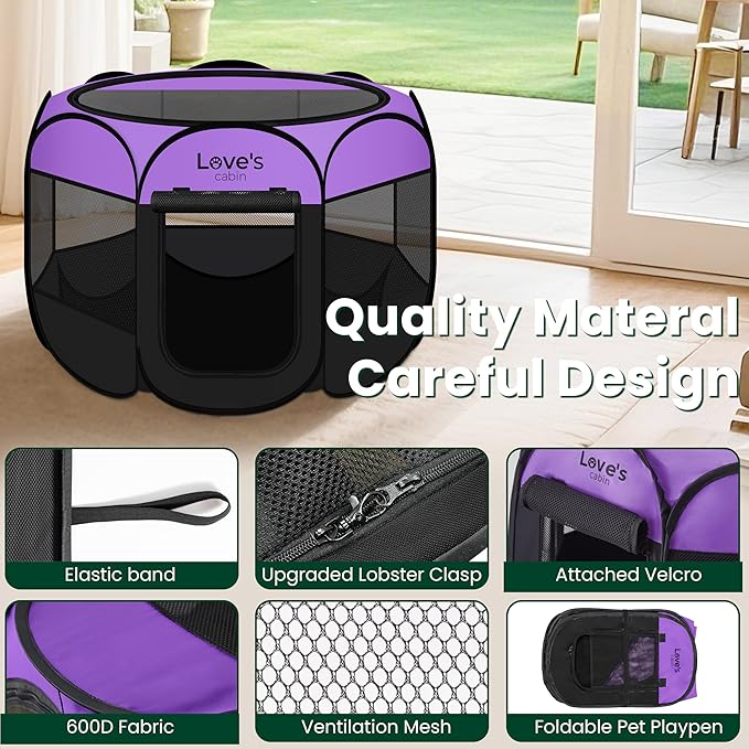 Love's cabin Pet Puppy Dog Playpen, Medium Dog Tent Crates Cage Indoor/Outdoor, Portable Playpen for Cat, Foldable Pop Up Dog Kennel Playpen with Carring Case, Removable Zipper Top, Purple